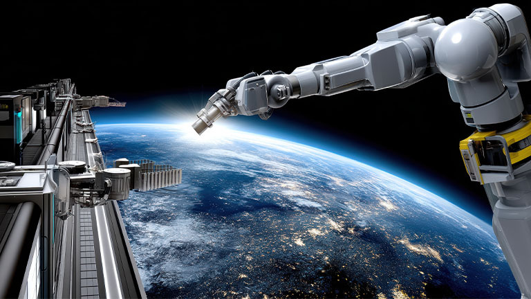 A robot arm operating in space moves equipment into position